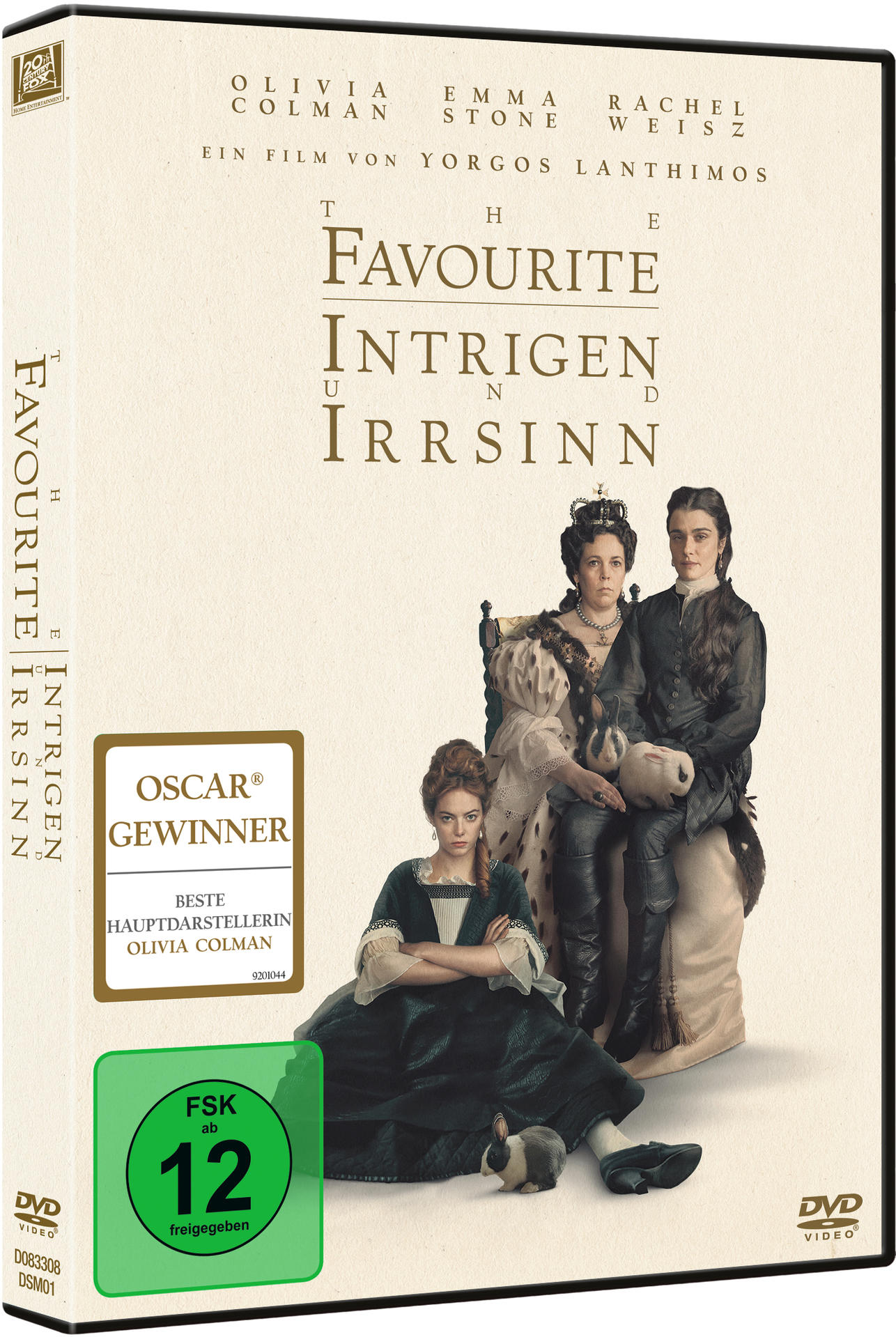 DVD-Hülle mit drei Frauen. Text: 'The Favourite', 'Intrigen und Irrsinn' und Auszeichnungen.