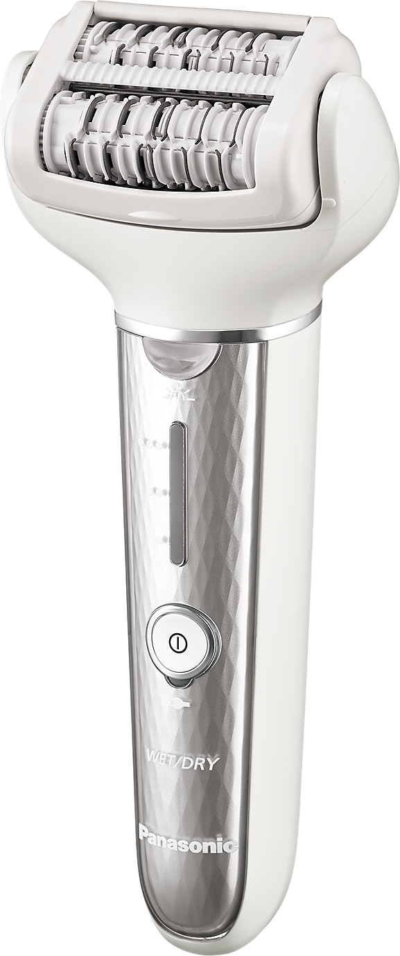 Rasoir électrique Panasonic Wet/Dry blanc et argent avec un corps courbé.