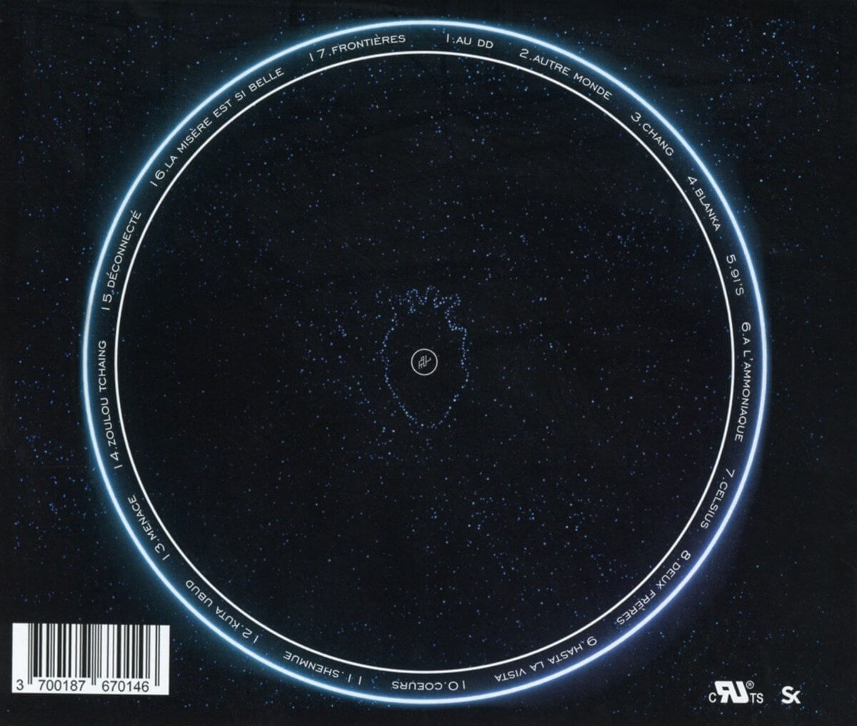 The back of a music album with blue lines and text. The album has a heart shape.