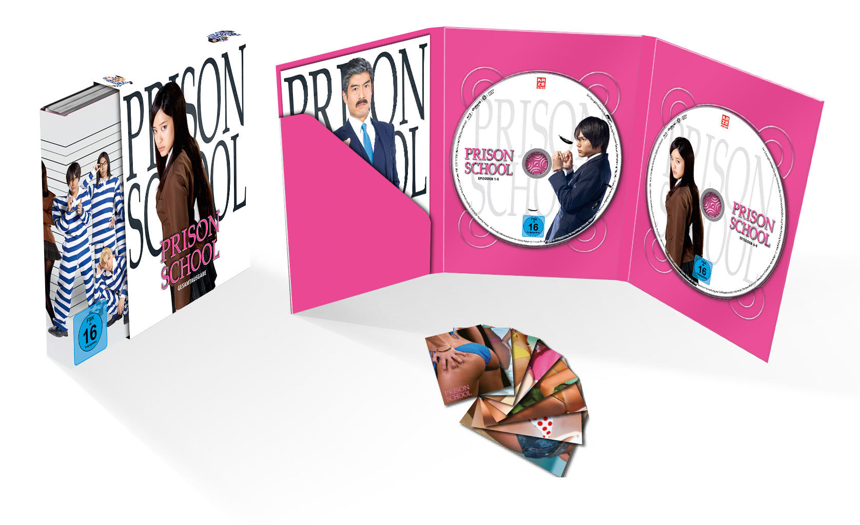 Anime-DVD-Set mit mehreren Discs, rosa Hintergrund und einem Booklet.