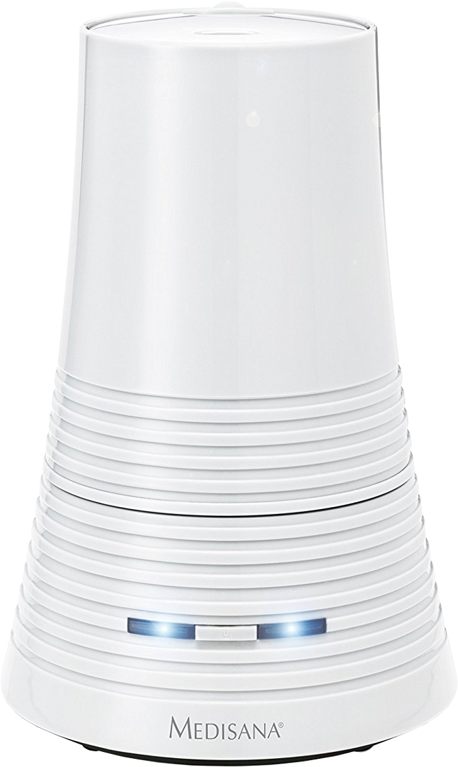 Un purificateur d'air blanc et cylindrique. Il est allumé.