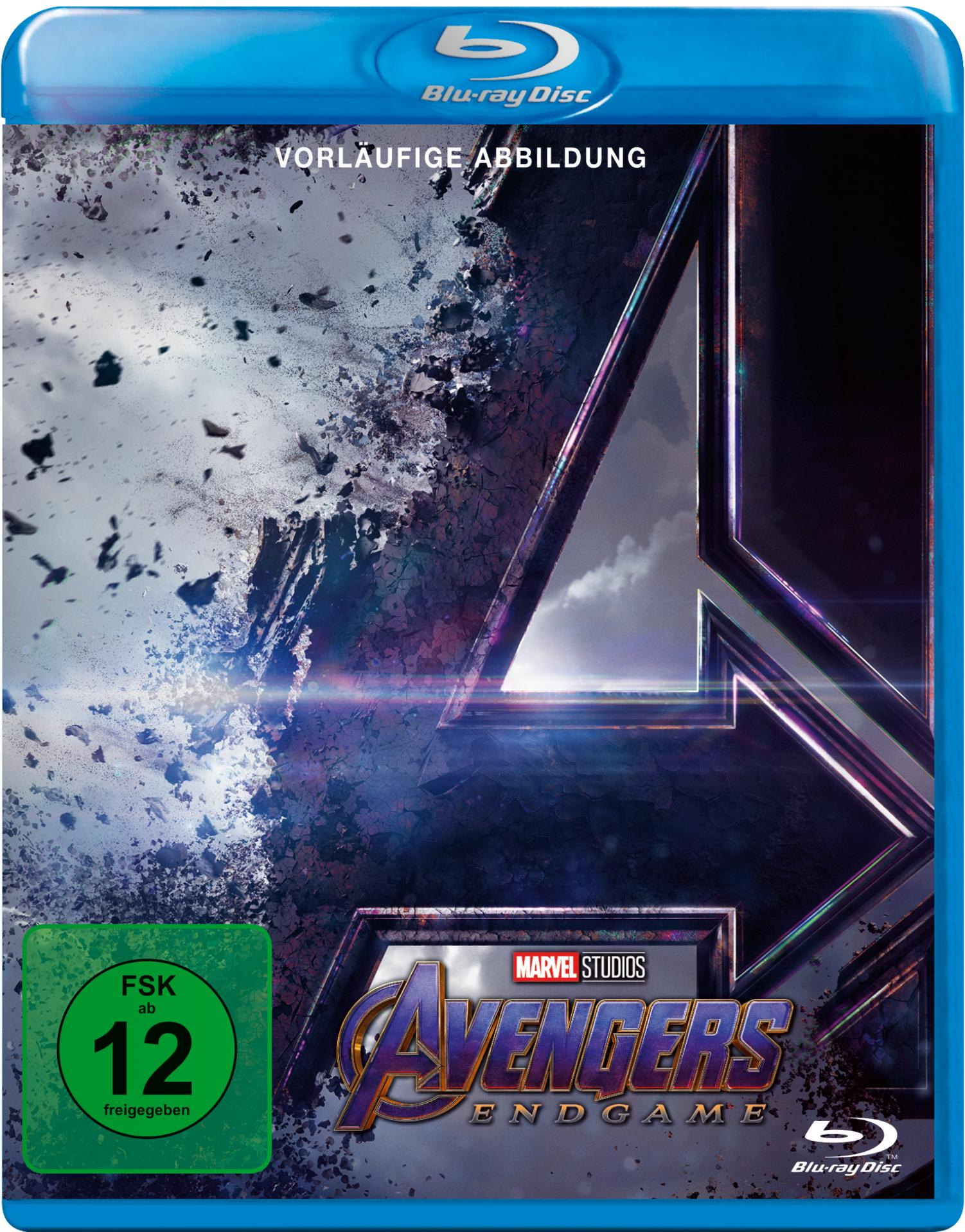 Blaue Blu-ray-Box mit dem Wort "AVENGERS ENDGAME". Das Cover hat einen Teil des Buchstabens A.
