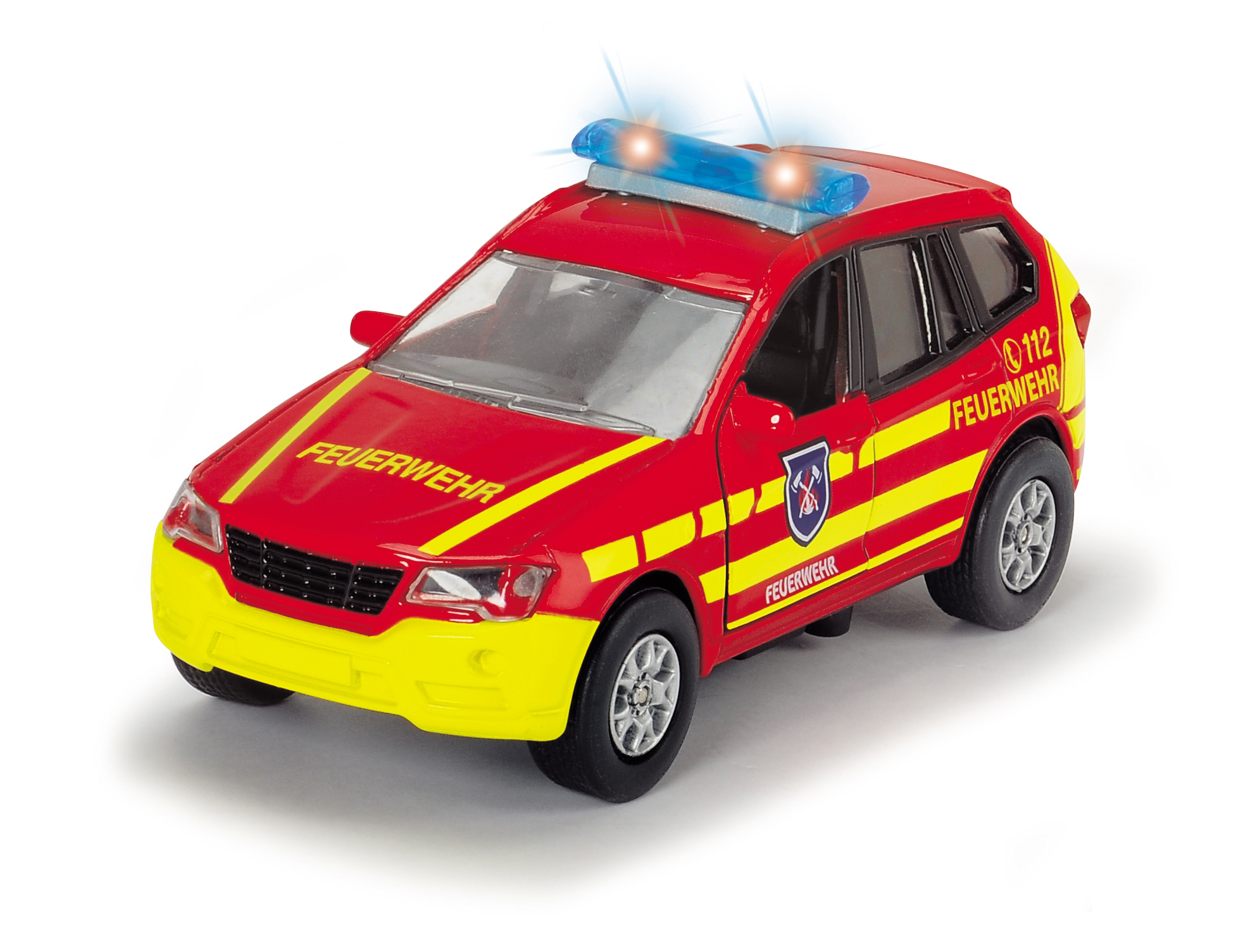 Roter und gelber Spielzeug-Feuerwehrwagen mit blauen Blinklichtern. 'FEUERWEHR' an der Seite.