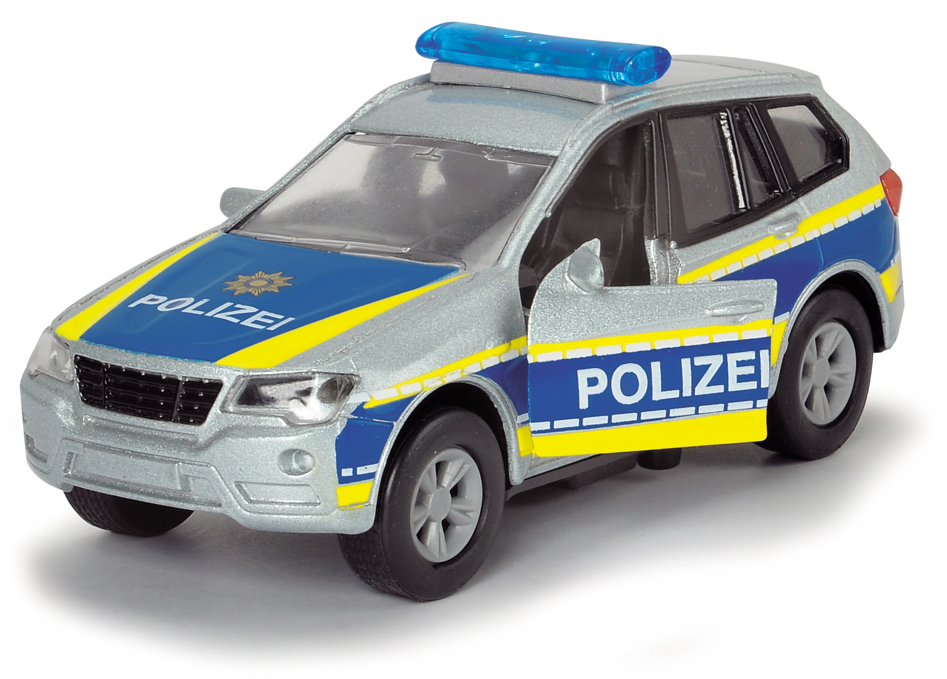 Ein silber-blaues Polizei-SUV-Spielzeug mit offener Tür und blauen Dachlichtern.