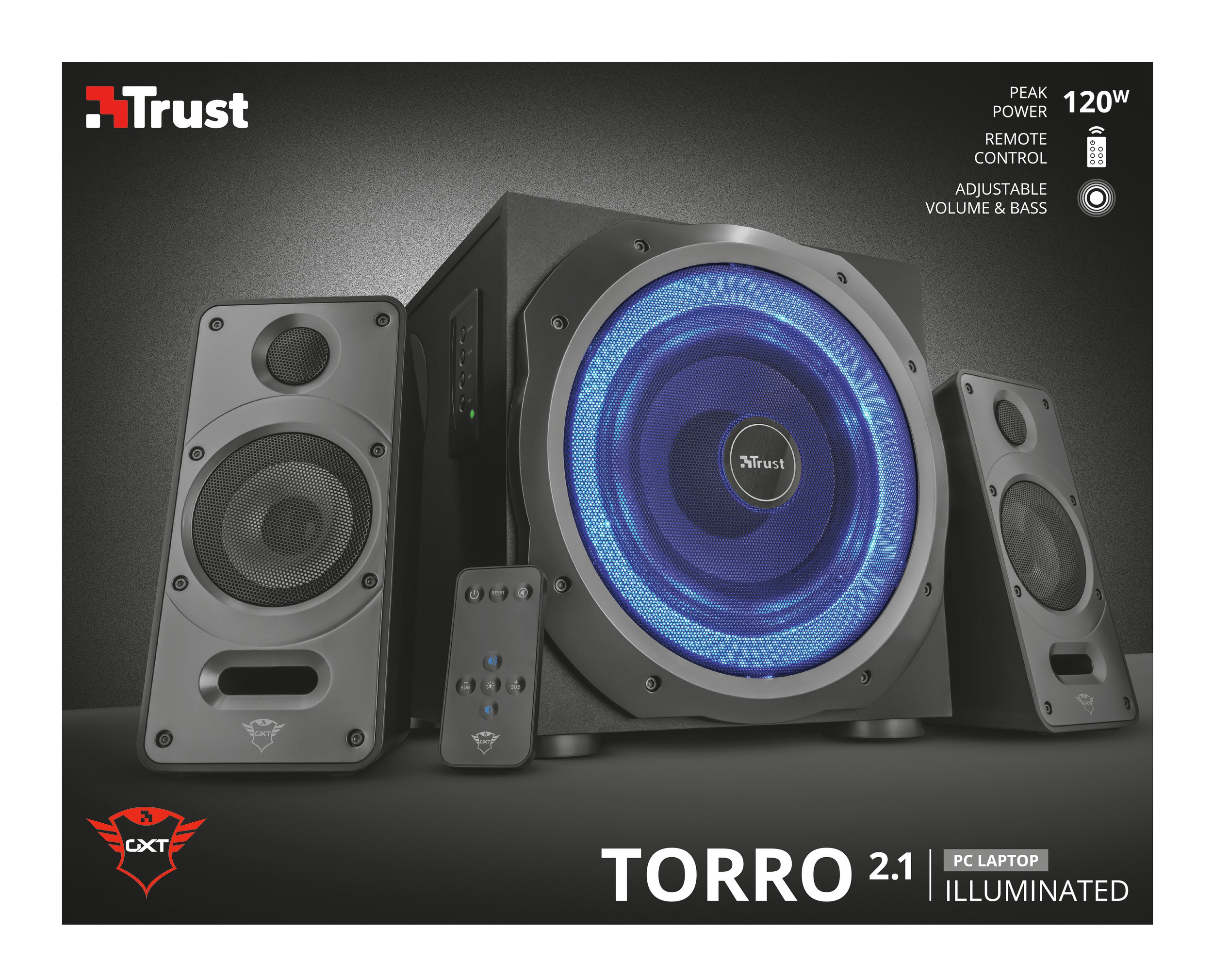 TRUST GXT 688 Torro Beleuchtetes 2.1-Lautsprecherset (2.1-Lautsprecherset, Schwarz