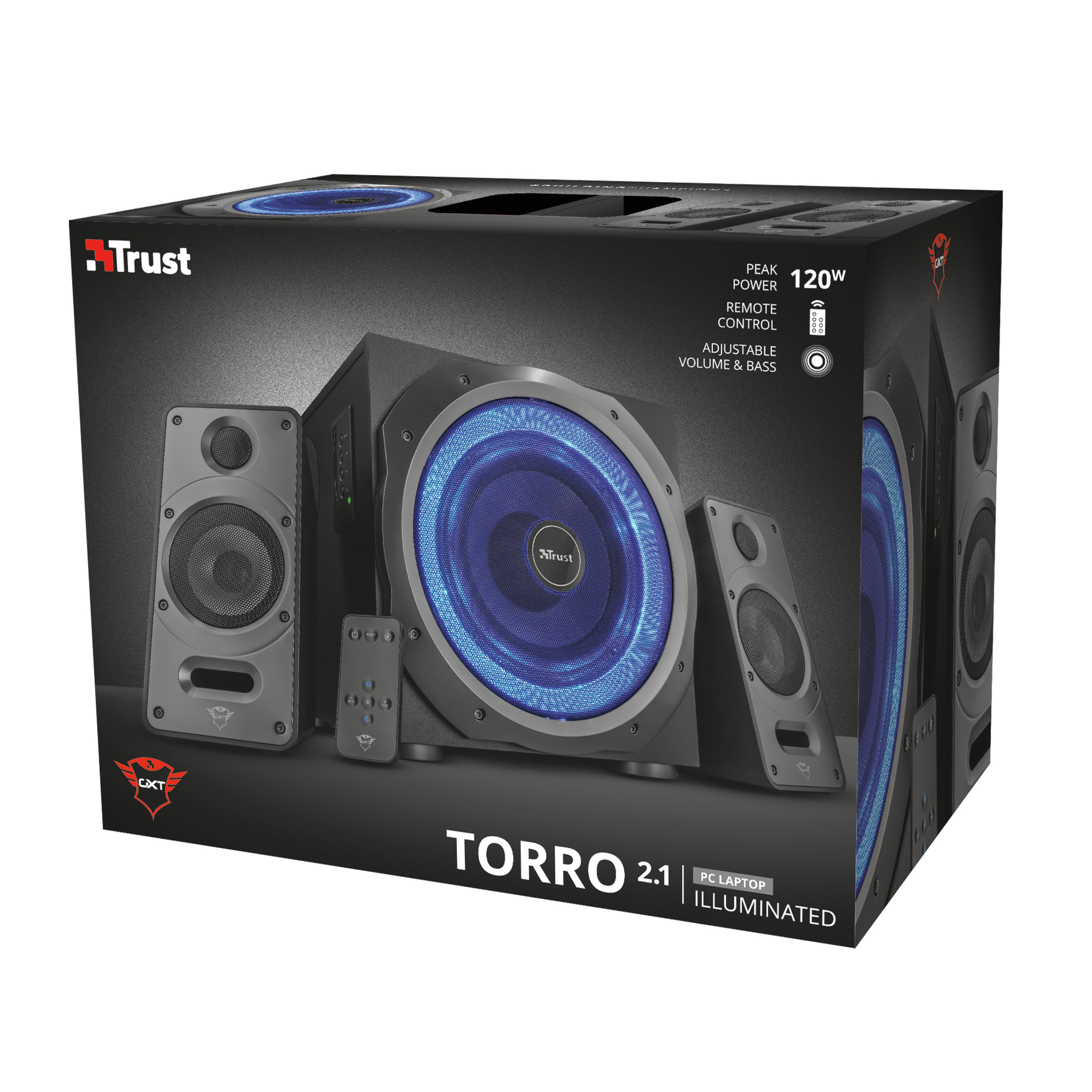 TRUST GXT 688 Torro Beleuchtetes 2.1-Lautsprecherset (2.1-Lautsprecherset, Schwarz