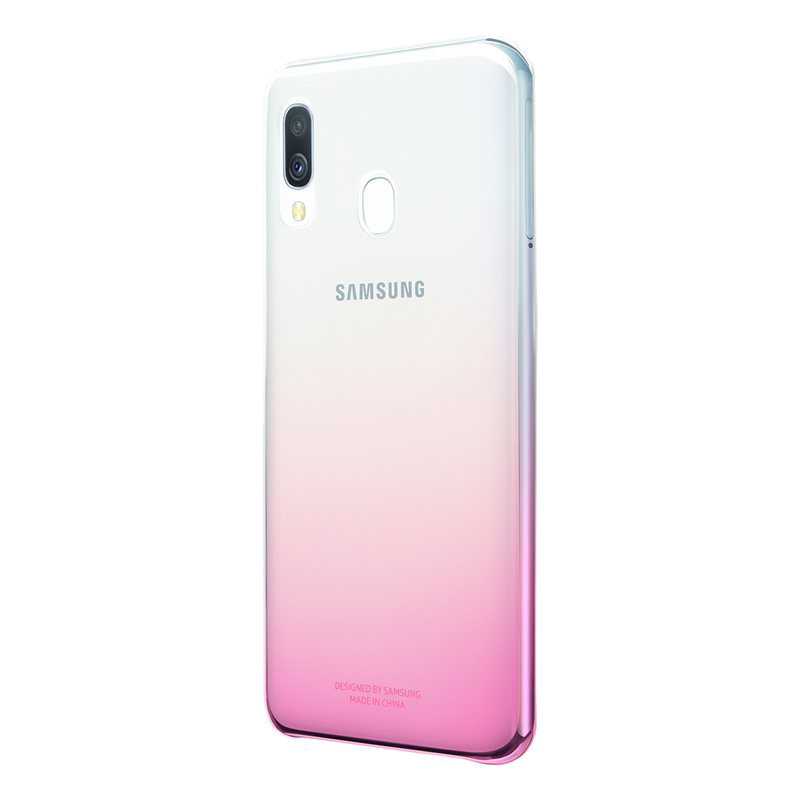 Un téléphone Samsung dans un étui transparent avec un dégradé rose et blanc. Le dos porte le logo Samsung.