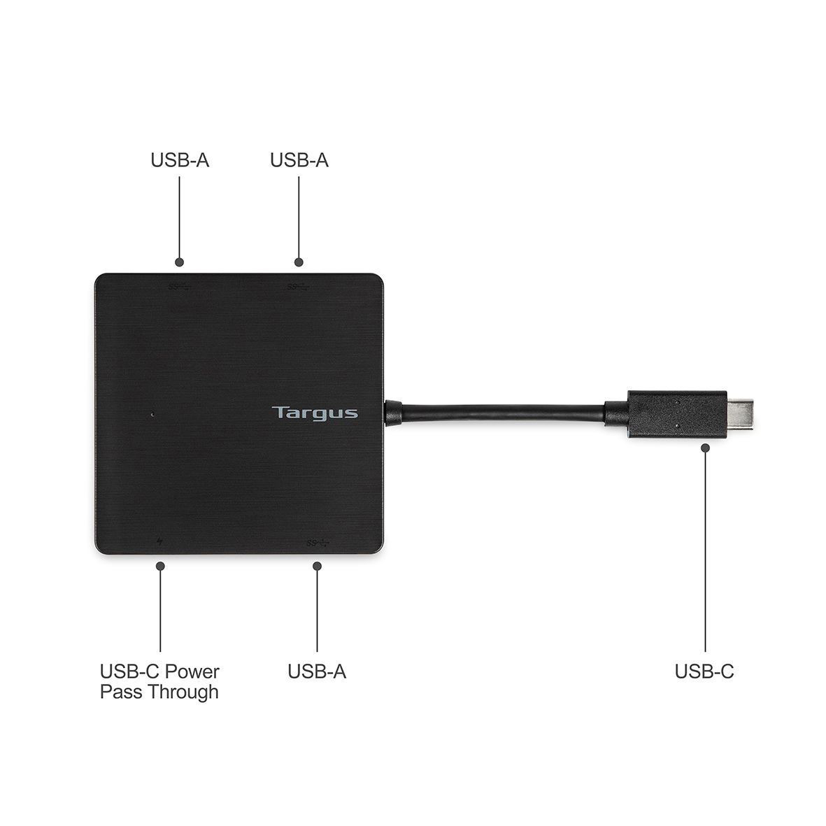 Schwarzer Targus-Hub mit USB-A- und USB-C-Anschlüssen. Der Hub verfügt über einen USB-C-Stromdurchgang.