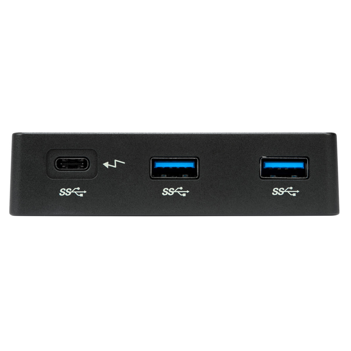Ein schwarzer USB-Hub mit drei USB-Anschlüssen.