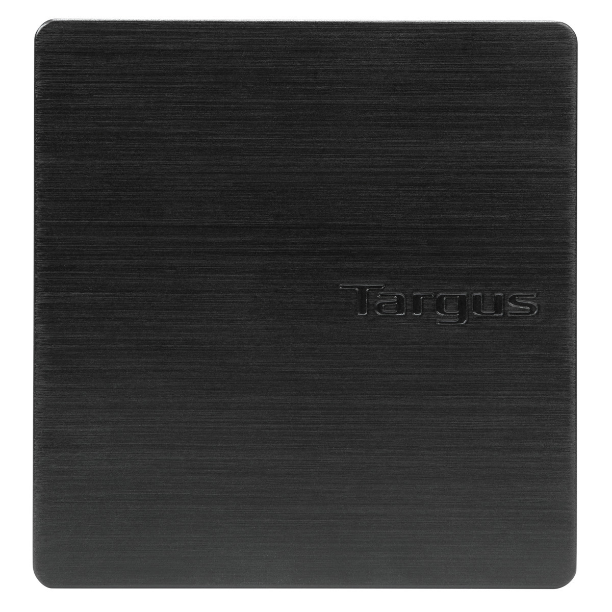 Schwarze Targus Laptoptasche. Die Tasche ist quadratisch mit strukturierter Oberfläche und Targus Logo.
