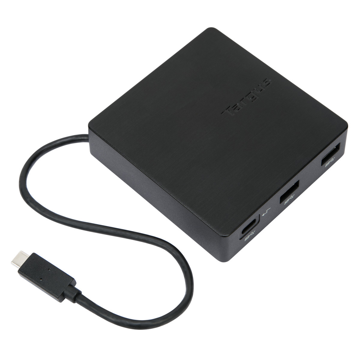 Ein schwarzer Targus-Hub mit Anschlüssen und einem USB-C-Kabel.