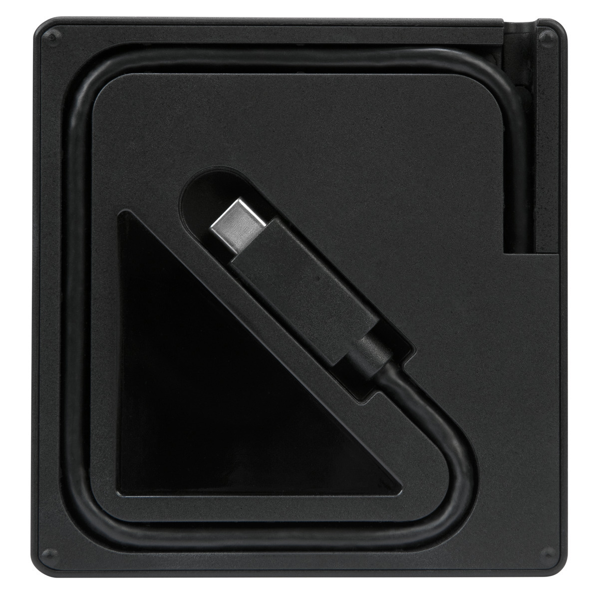 Schwarze quadratische Box mit aufgerolltem USB-C-Kabel, Draufsicht.