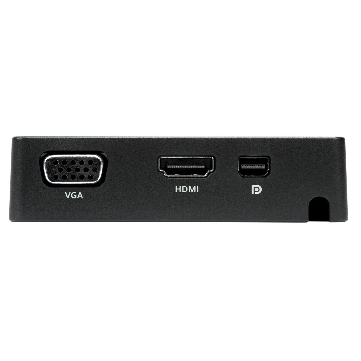 Ein schwarzes Gerät mit VGA-, HDMI- und USB-C-Anschlüssen, vor weißem Hintergrund betrachtet.