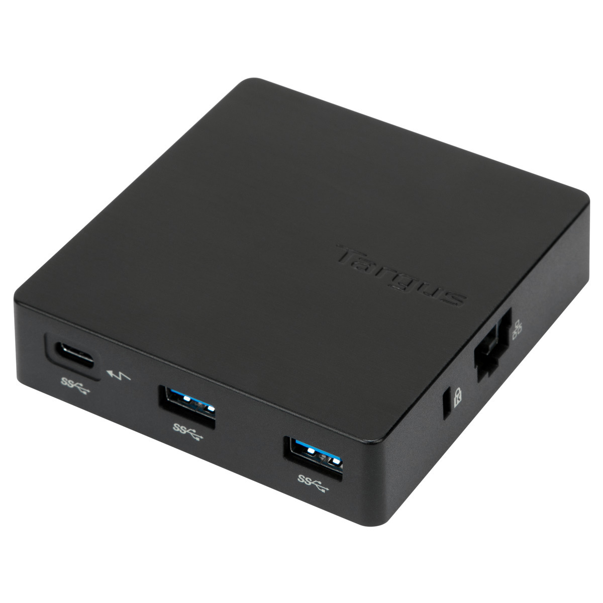 Schwarze Targus Dockingstation. Sie hat mehrere USB-Anschlüsse, einen Stromanschluss und einen Ethernet-Anschluss.