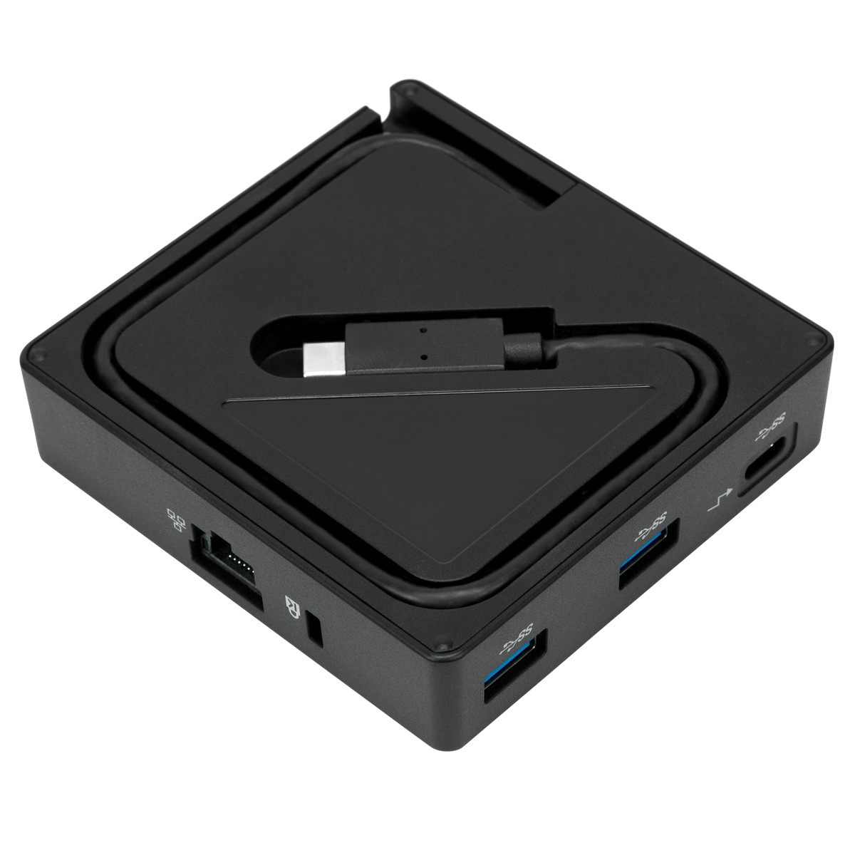 Ein schwarzer USB-C-Hub mit mehreren USB-Anschlüssen. Er hat ein Kabel und befindet sich auf weißem Hintergrund.