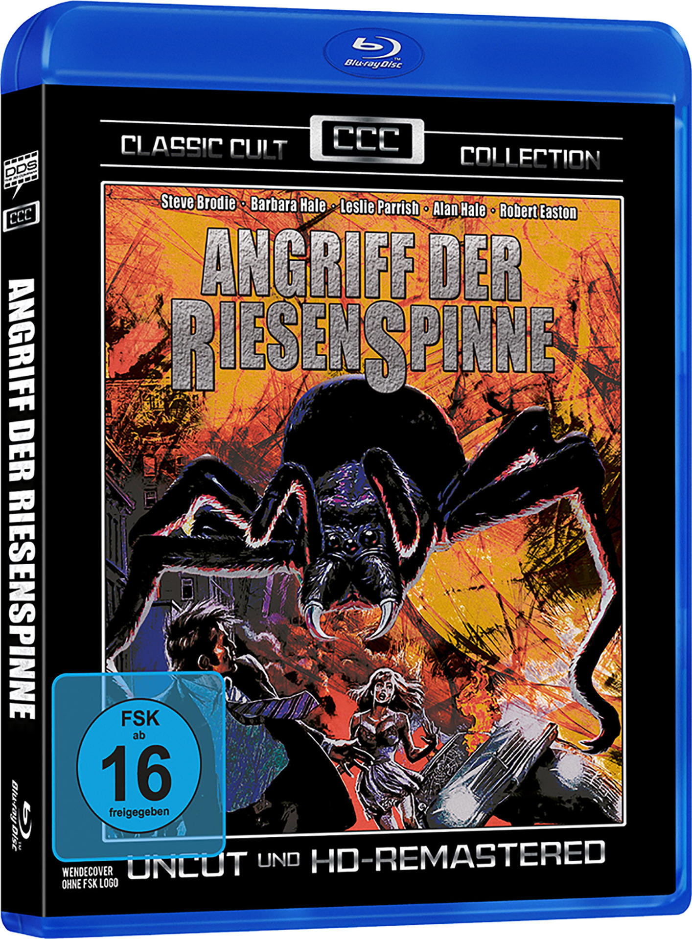 Blu-ray-Box-Art für 'Angriff Der Riesenspinne' mit einer riesigen Spinne, die Menschen angreift.