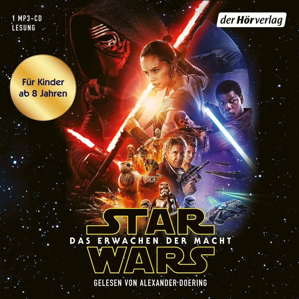 Star Wars Hörbuchcover. Charaktere aus den Filmen. Text: Star Wars, Das Erwachen der Macht.
