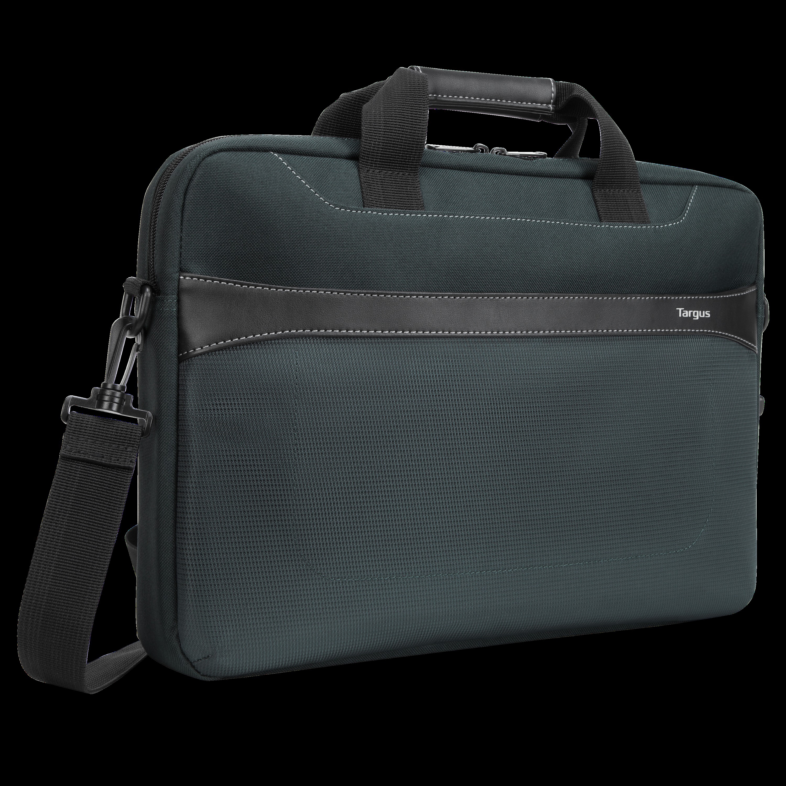 Dunkelgrüne Targus Laptoptasche mit schwarzen Akzenten, schwarzer Hintergrund.