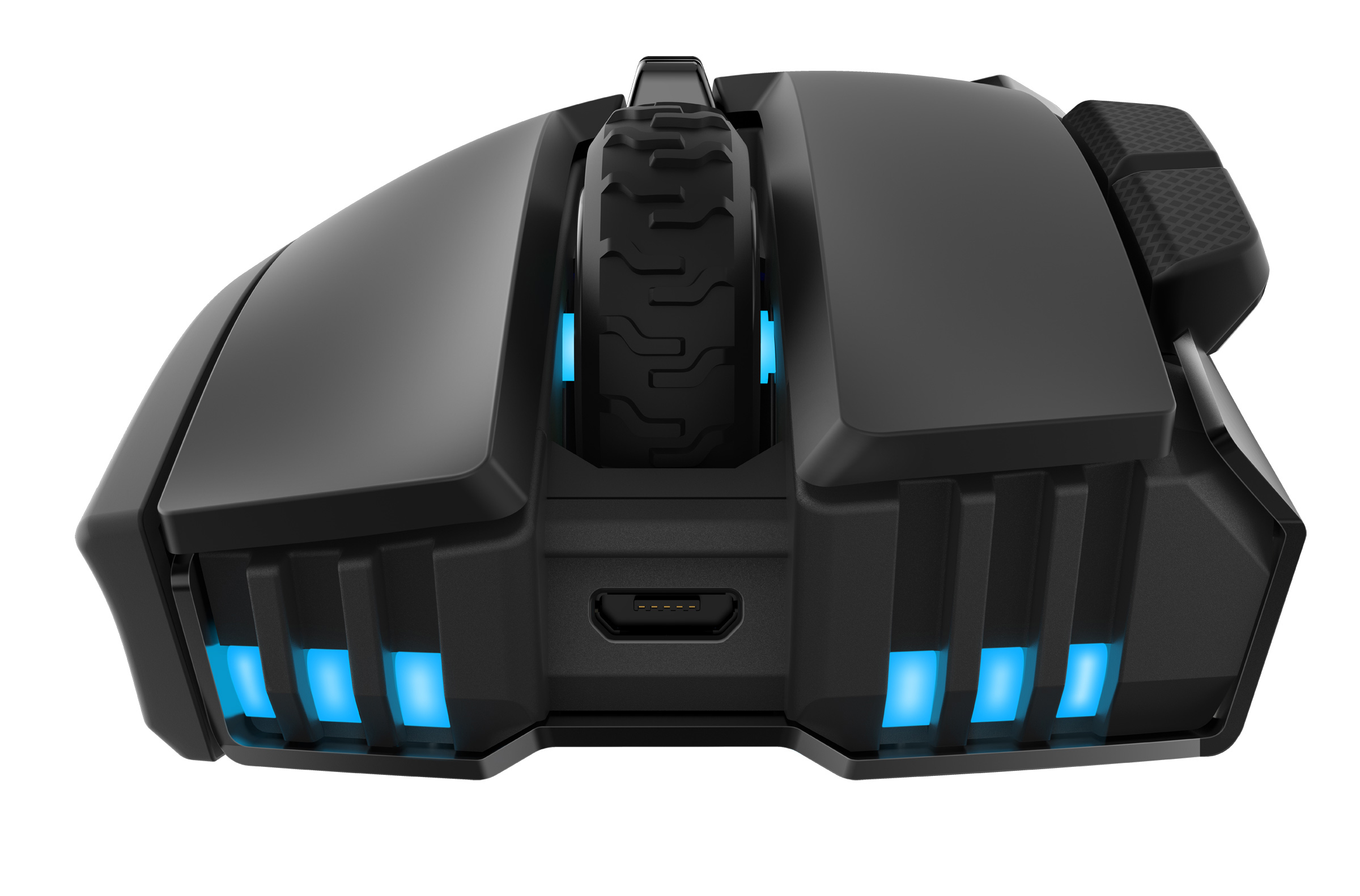 Schwarze Gaming-Maus mit blauen Lichtern. Die Maus hat eine einzigartige Form. USB-Anschluss ist sichtbar.