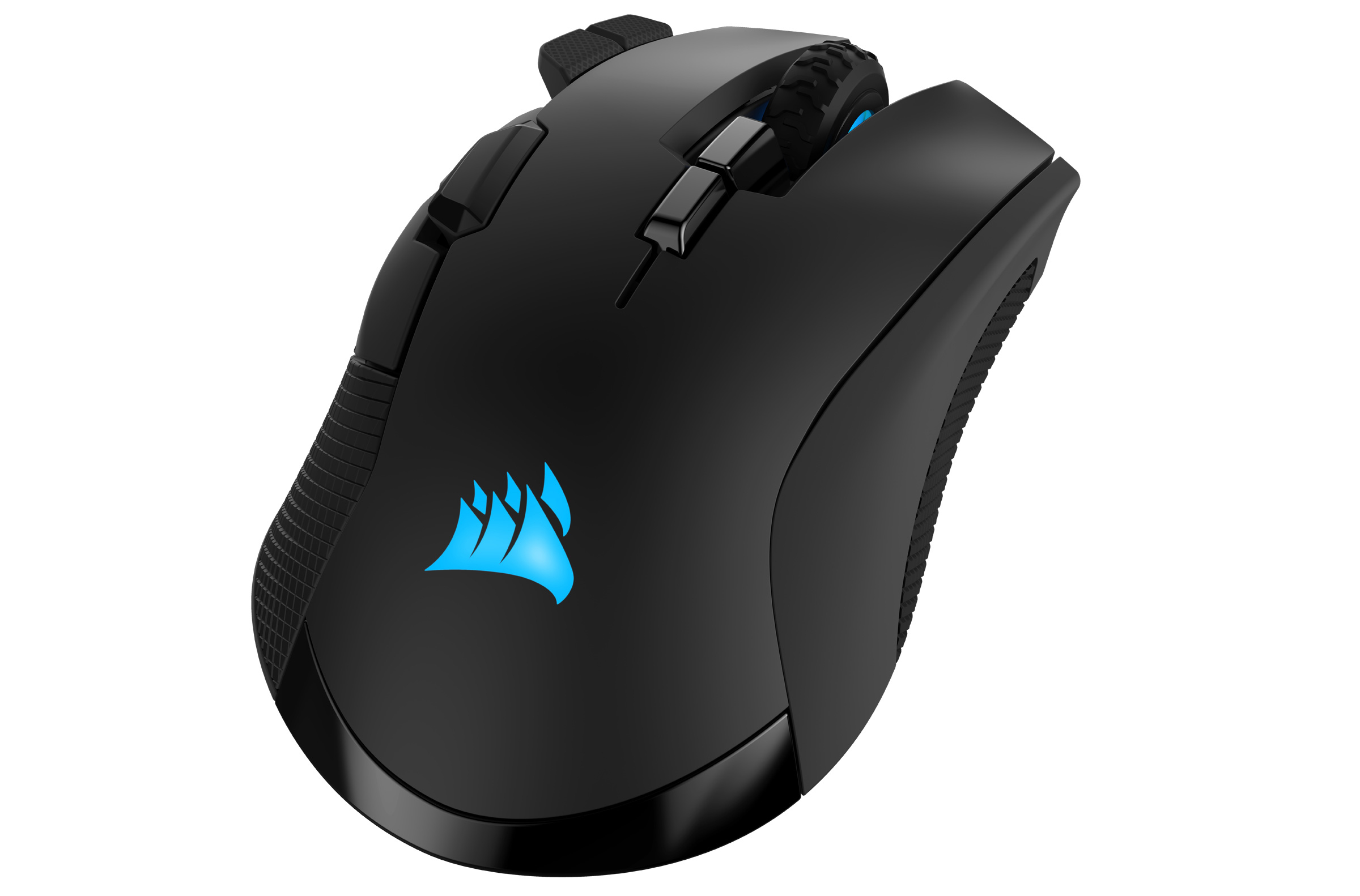 Schwarze Gaming-Maus mit blauem Corsair-Logo. Es hat Tasten und ein Scrollrad.