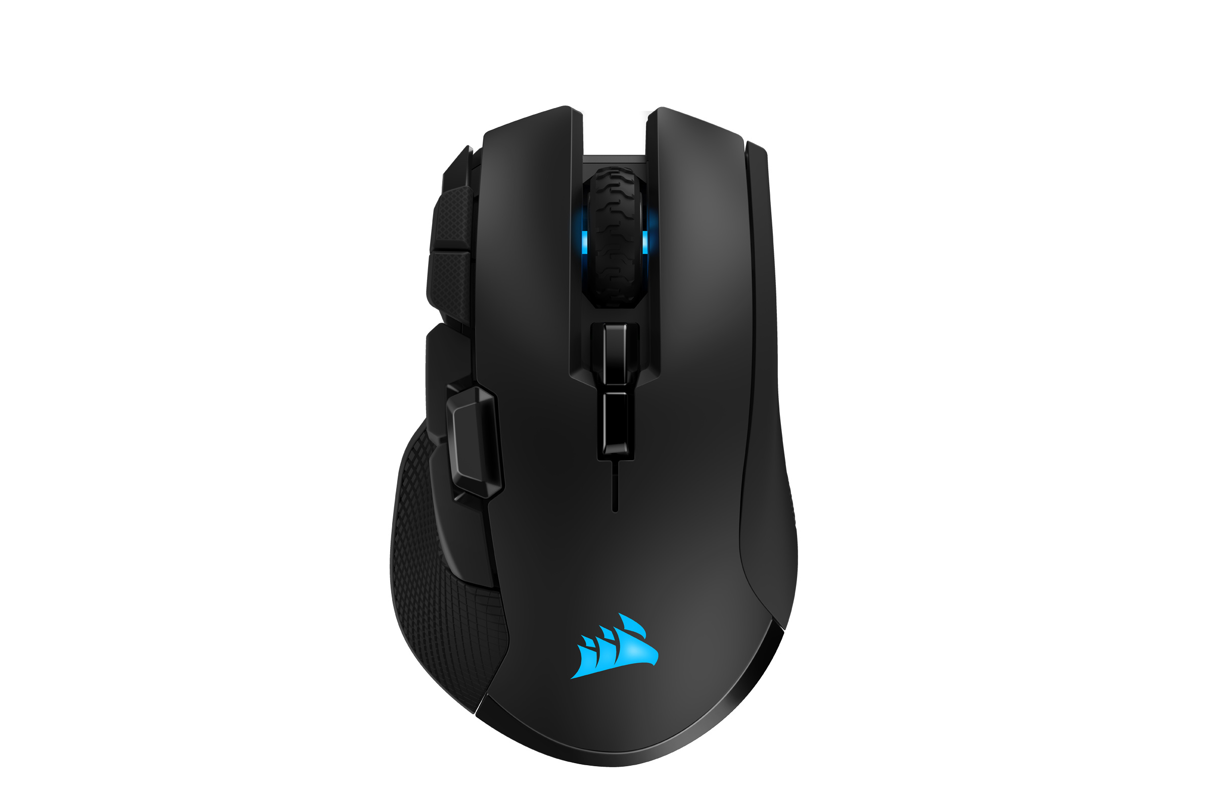 Schwarze Gaming-Maus auf weißem Hintergrund. Die Maus hat ein blaues Corsair-Logo.