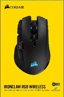 Schwarze Corsair Ironclaw RGB Wireless-Maus auf gelbem Grund. Die Maus hat blaue Lichter.