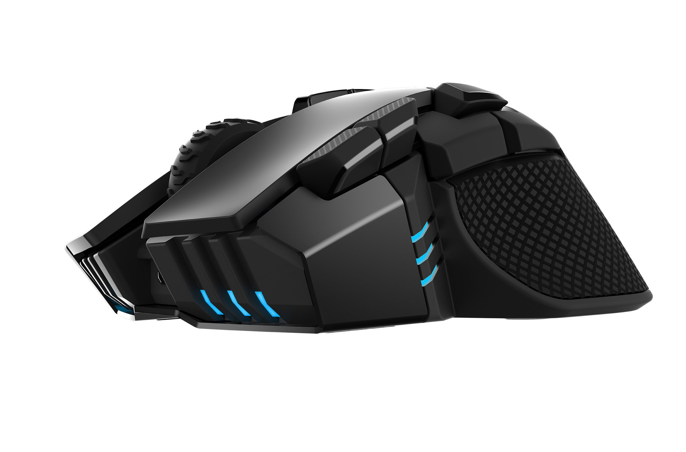 Eine schwarze Gaming-Maus mit strukturierter Seitengriff und blauen LED-Lichtern.