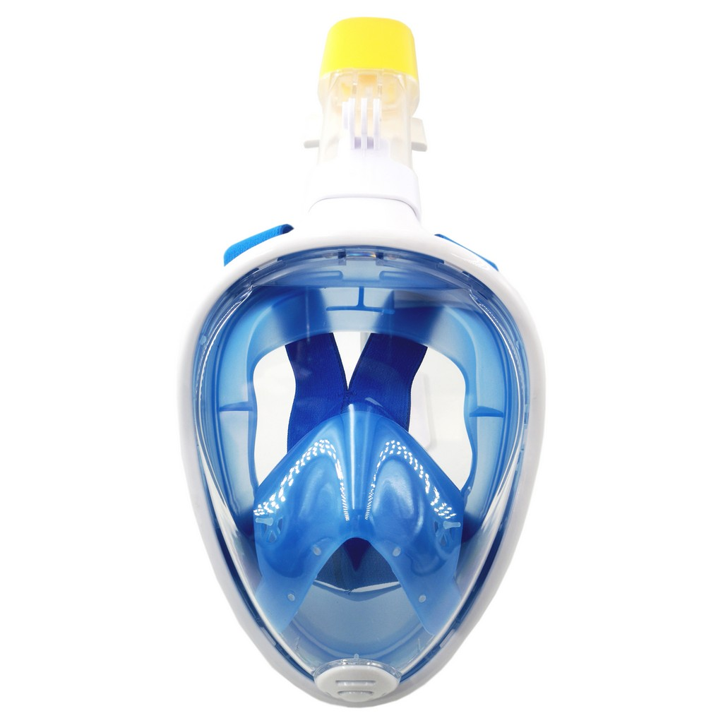 Una máscara de snorkel de cara completa azul y blanca con parte superior amarilla y área de visión clara.