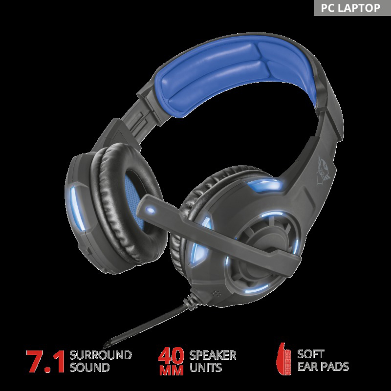 Schwarzes und blaues Gaming-Headset mit Mikrofon, 7.1 Surround Sound, 40-mm-Lautsprechereinheiten.