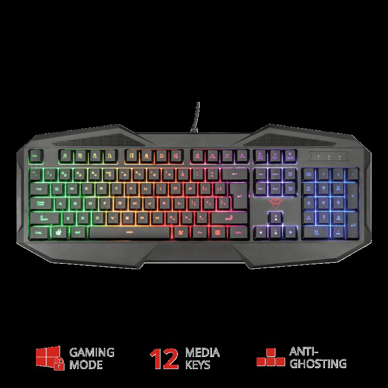 RGB-Gaming-Tastatur, schwarz, mit beleuchteten Tasten auf schwarzem Hintergrund.