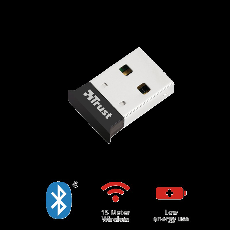 Ein weißer und schwarzer Trust USB Bluetooth-Adapter.