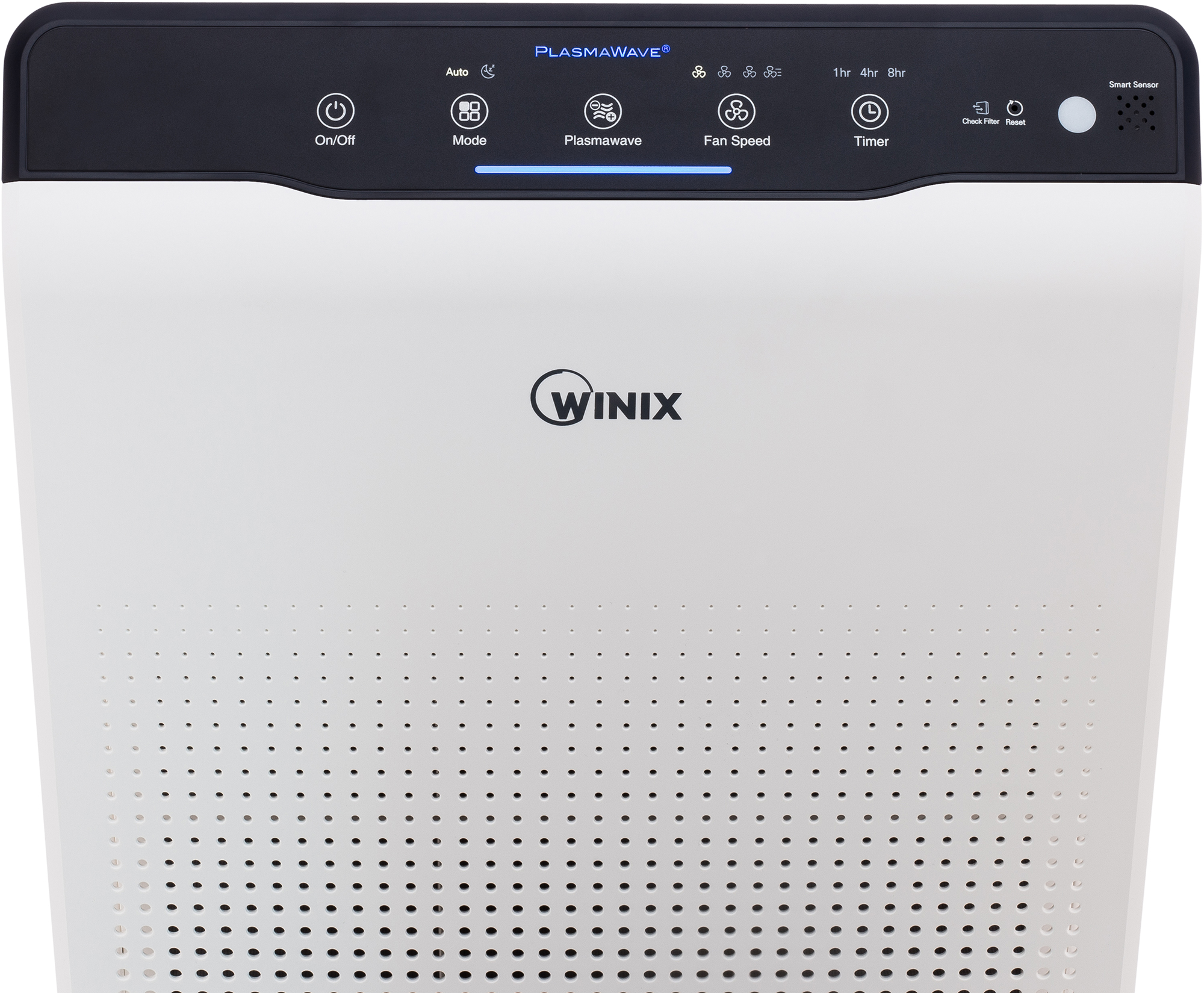 Witte luchtreiniger met zwart bovenpaneel. Bediening: aan/uit, modus, plasmawave, ventilatorsnelheid en timer.