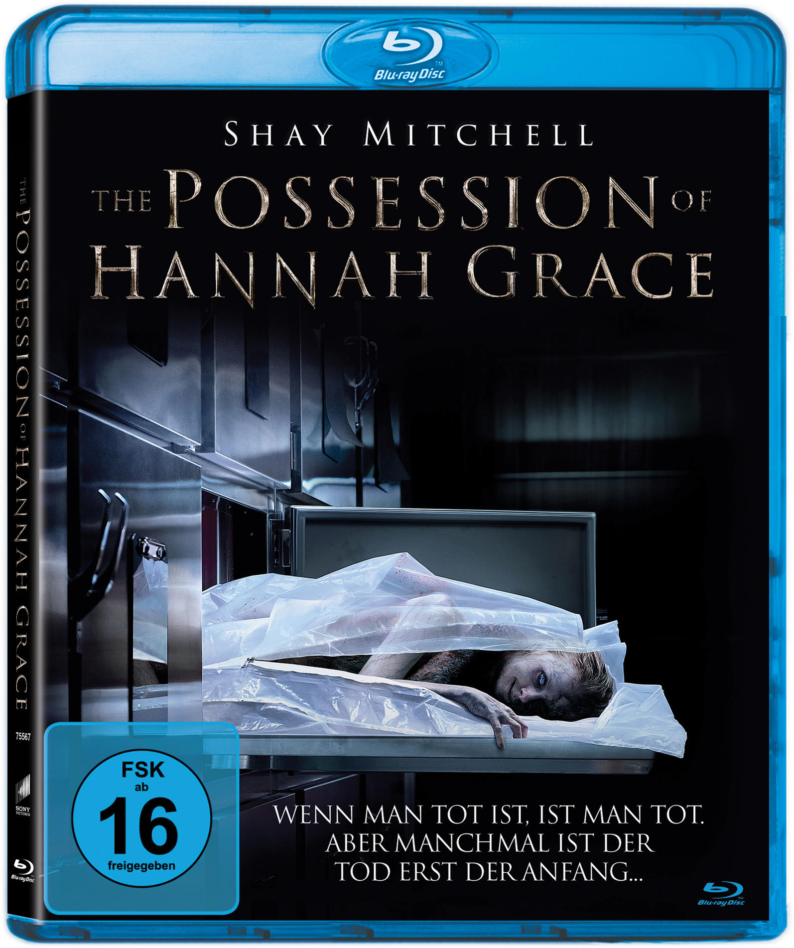 Blu-ray-Filmcover mit einer Frau auf einem Obduktionstisch. Text: The Possession of Hannah Grace.