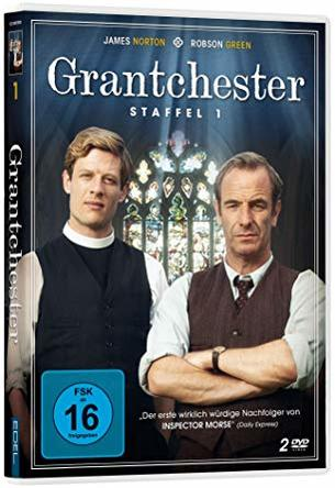 DVD-Cover: Zwei Männer vor einem Buntglasfenster. Titel: Grantchester.