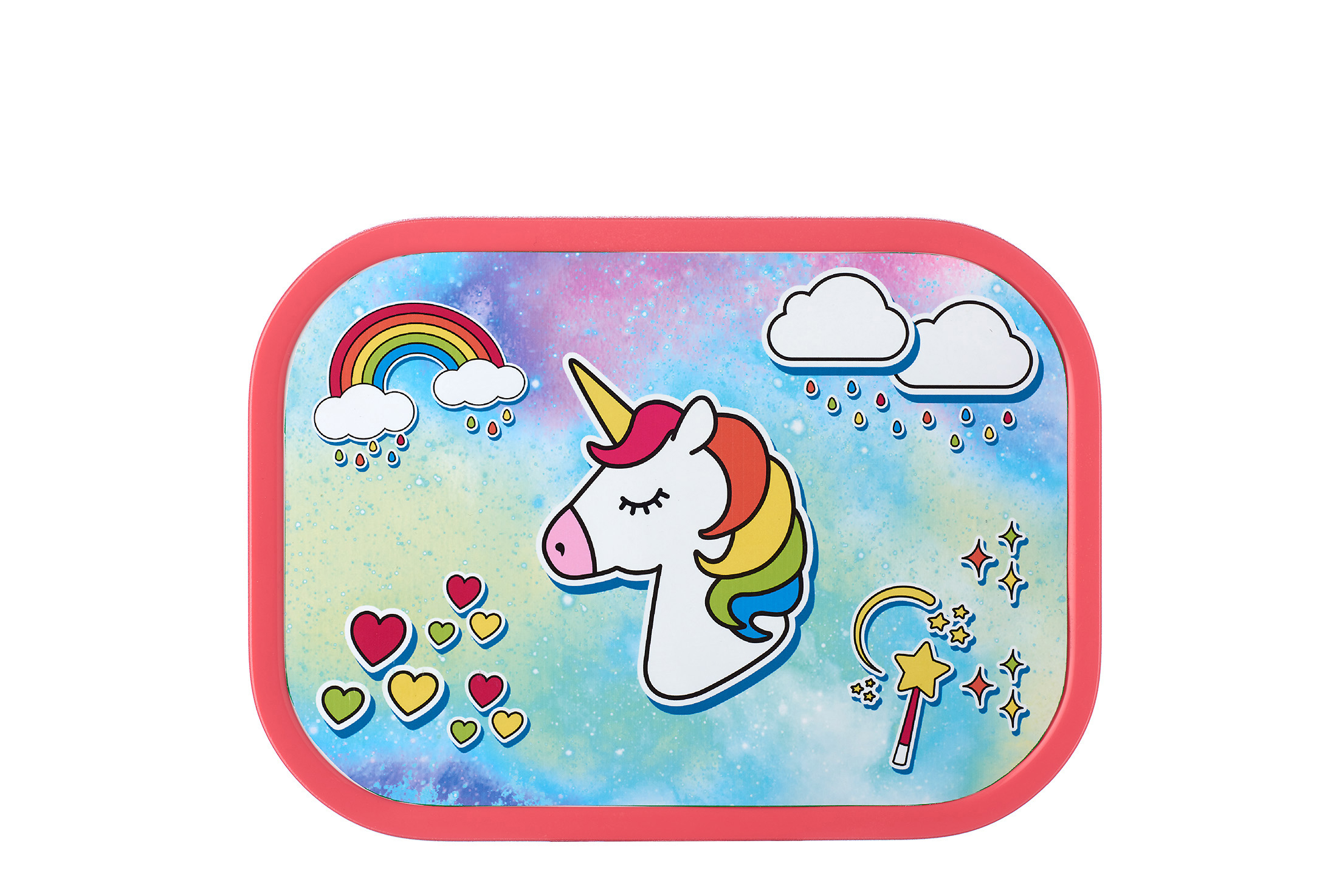 Ein Einhorn-Lunchbox mit Regenbogen, Wolken und einem Zauberstab.