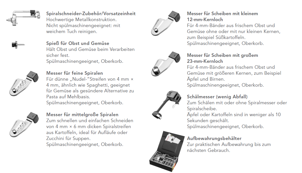 Verschiedene Küchenwerkzeuge zum Spiralisieren, mit Etiketten und einem Aufbewahrungsbehälter. Weißer Hintergrund.
