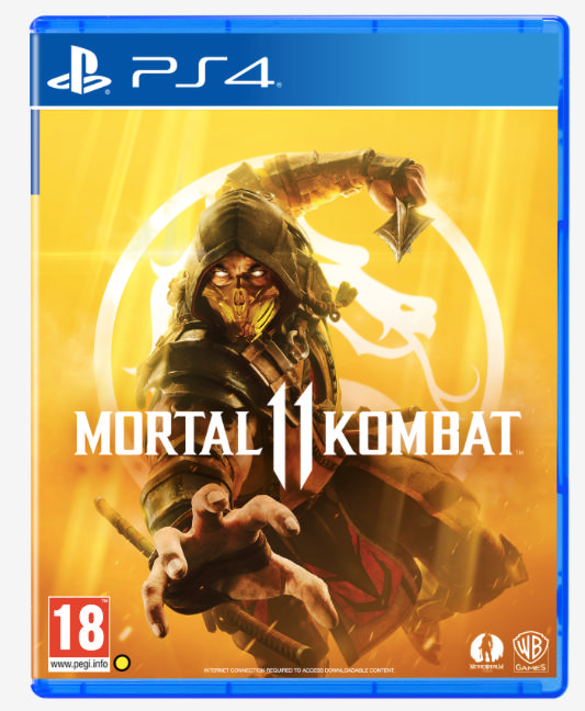 Mortal Kombat 11 oyun kapağı. Oyun kutusu mavi. Maskeli ve kılıçlı bir karakter merkezde.