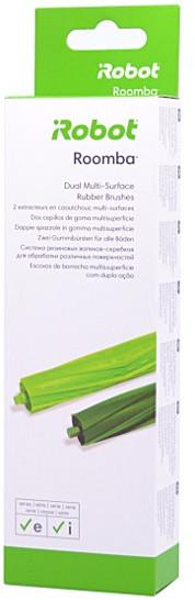 Boîte avec des brosses Roomba vertes et vert foncé.
