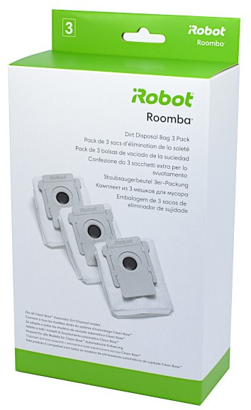 Doos met Roomba vuilniszakken. Het heeft drie zakken en tekst.