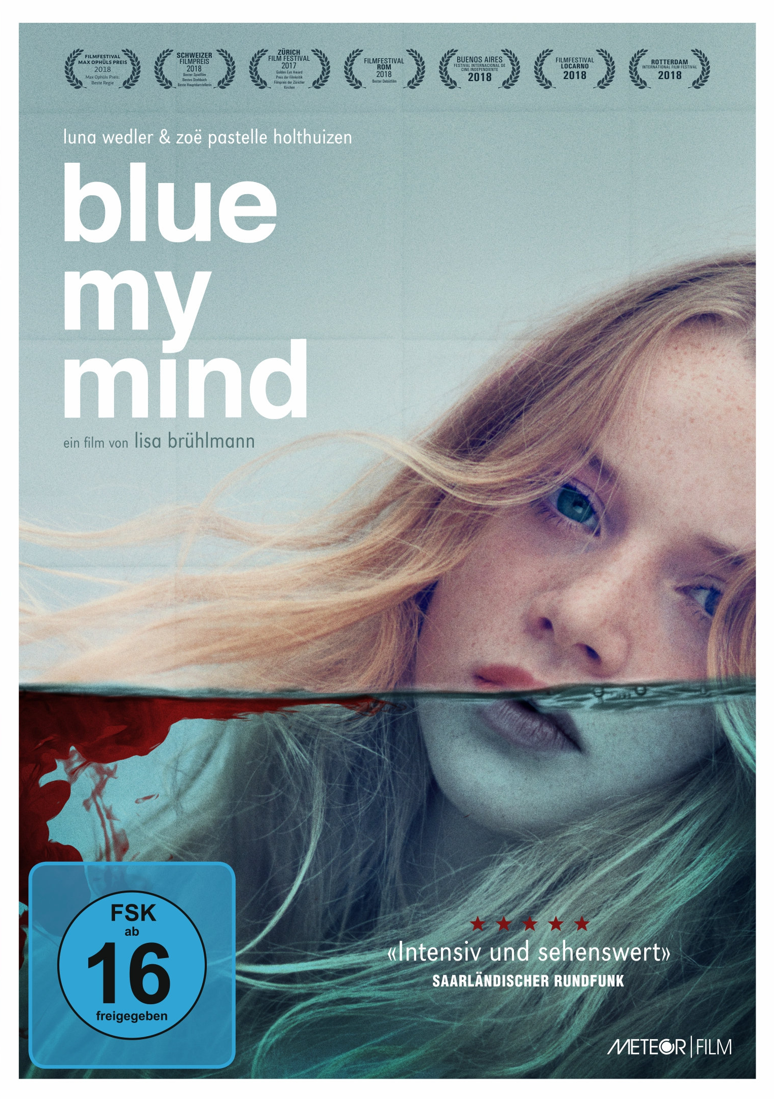 Filmplakat von 'Blue My Mind'. Das Gesicht einer Frau teilweise unter Wasser. Enthält Text und Logos.
