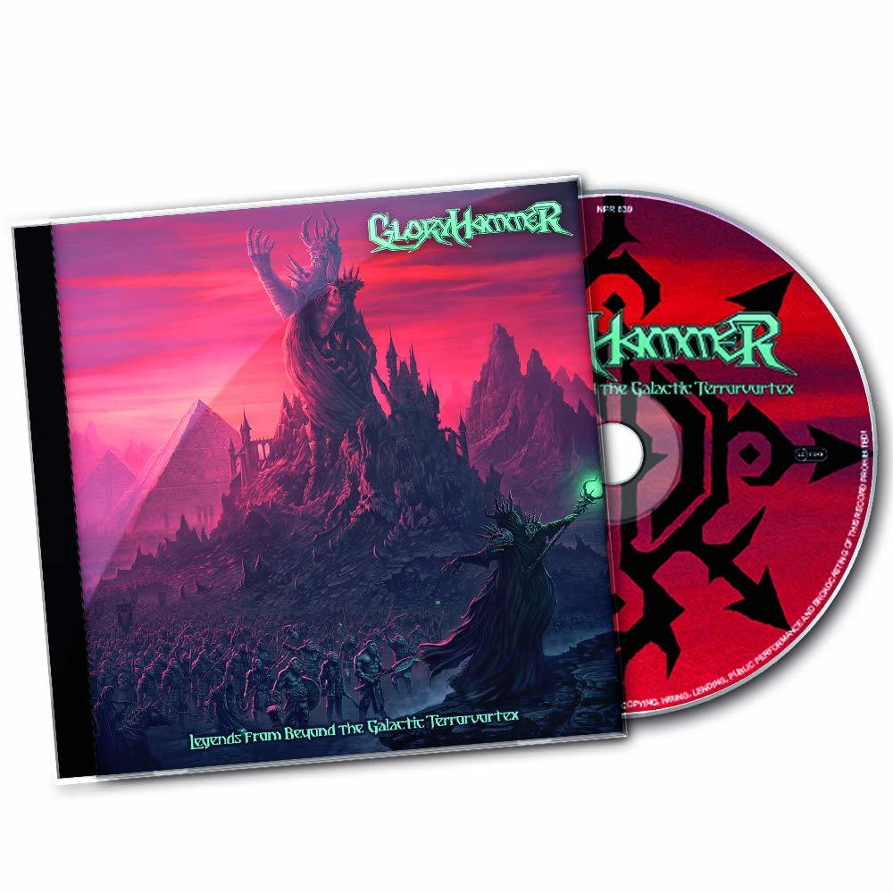 Ein CD-Cover mit Fantasy-Kunst, einem Bandnamen und einer CD mit roter Oberfläche.