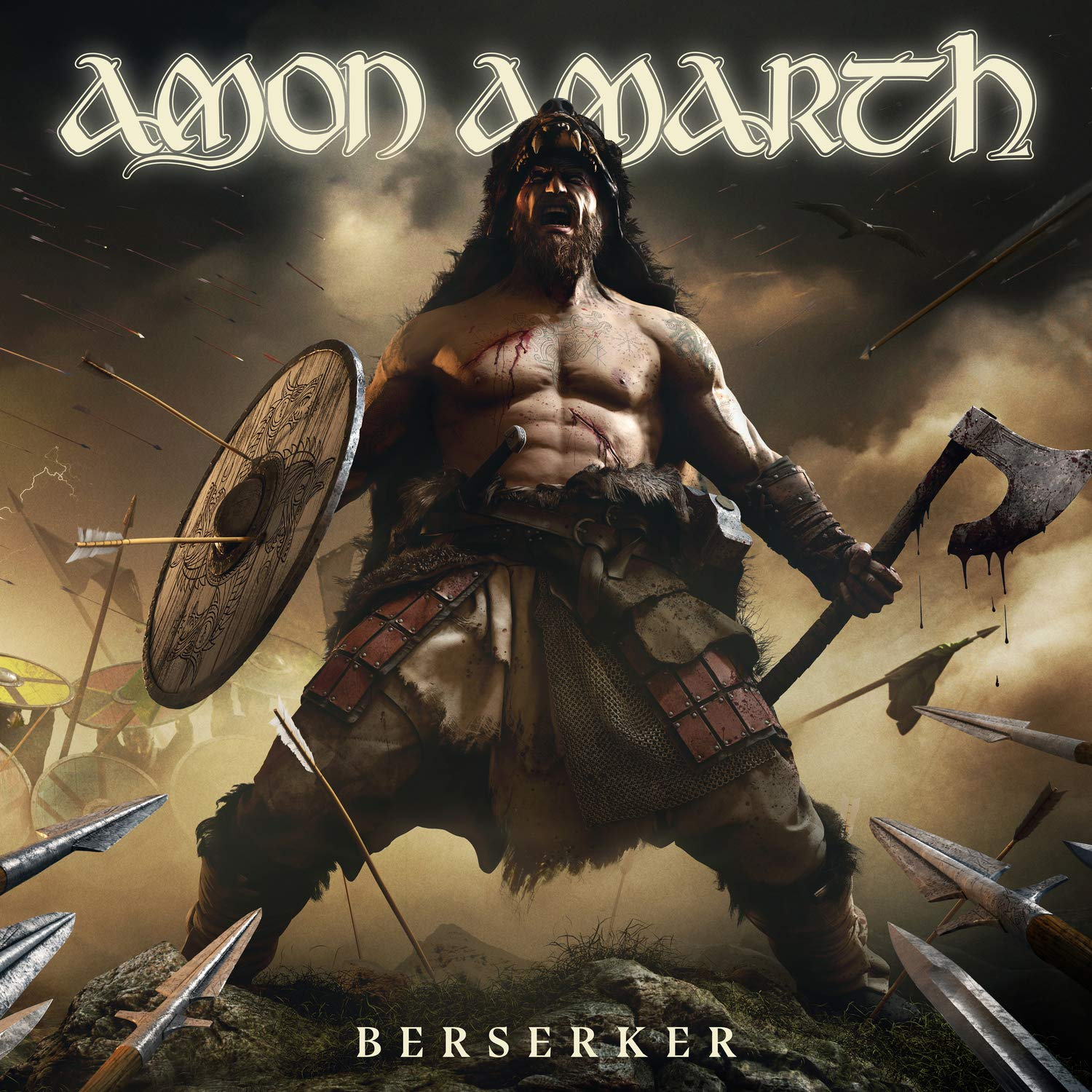 Amon Amarth Berserker album borítója. Egy ing nélküli viking harcos baltával és pajzzsal, nyilakkal körülvéve.