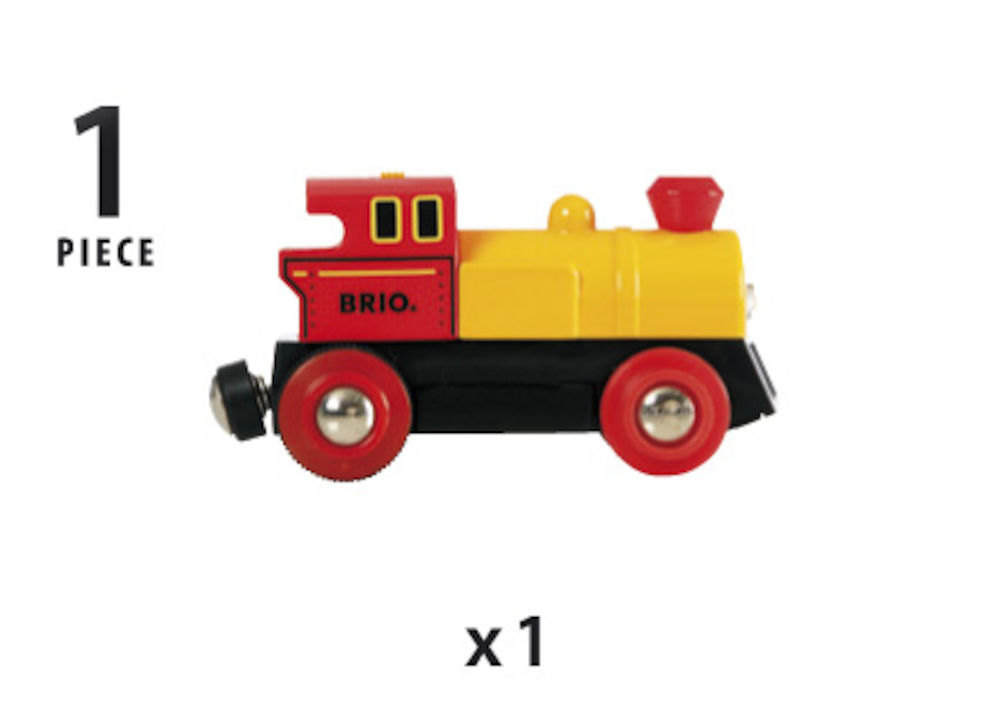 Ein Spielzeugzug, rot und gelb, mit dem Wort BRIO an der Seite. Eine schwarze Linie ist die Strecke.