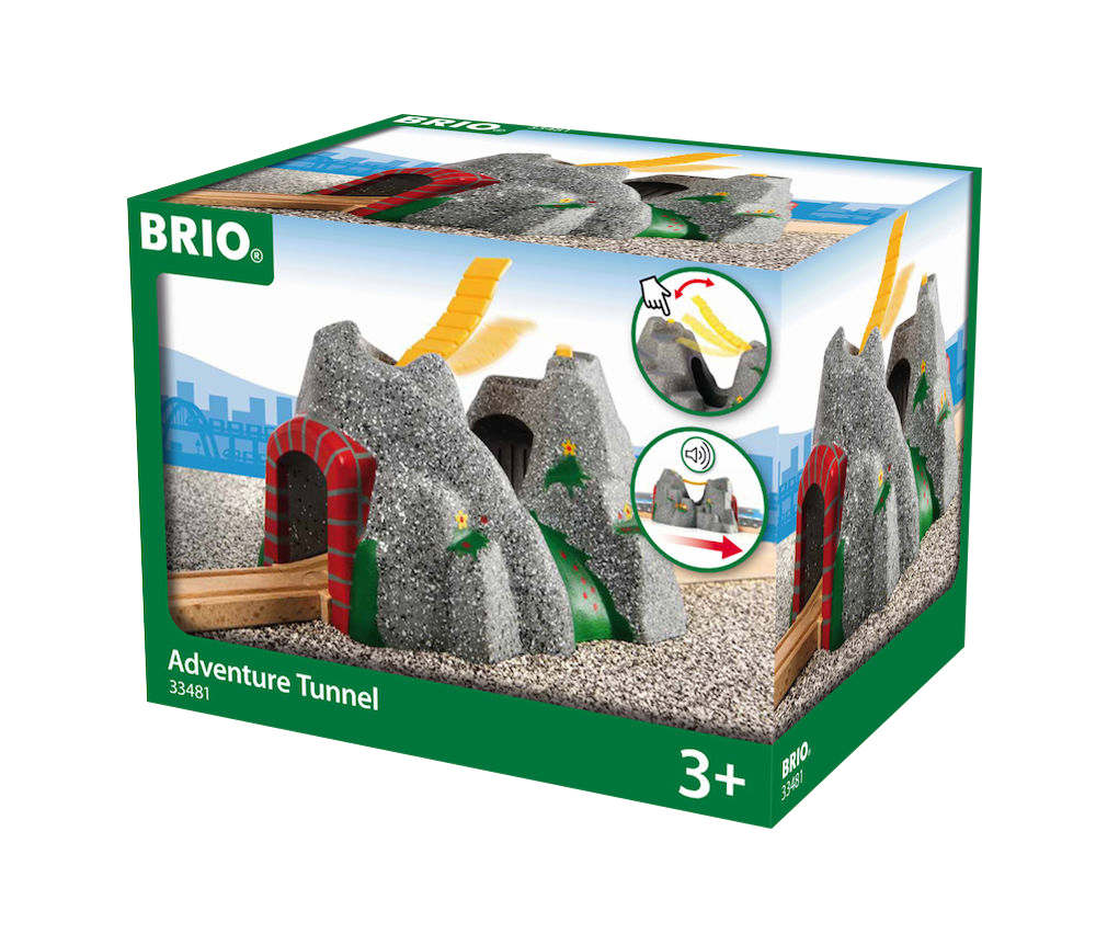 Brio Adventure Tunnel Spielzeugbox mit sichtbaren Spielzeugteilen.