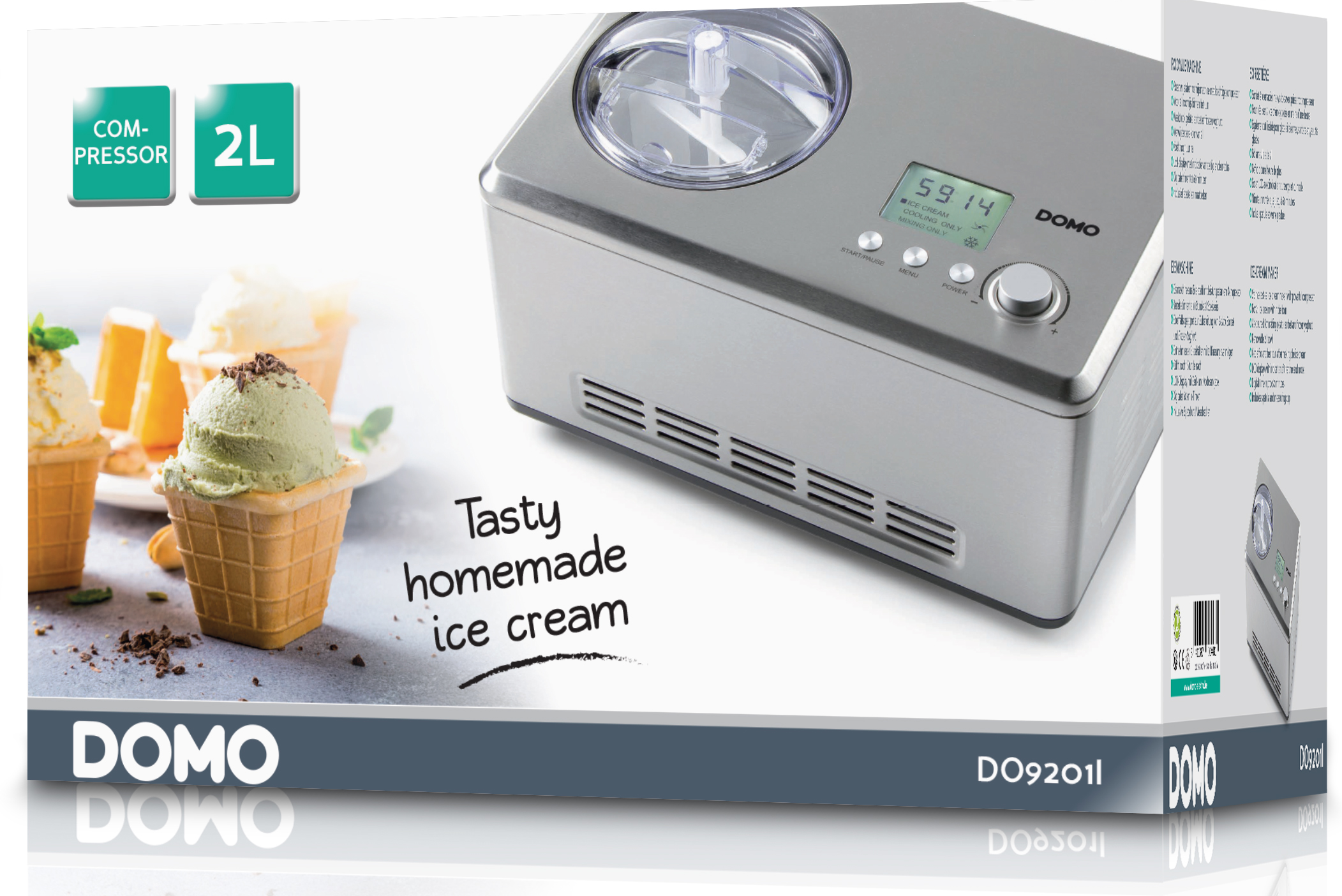 Boîte de machine à crème glacée. Montre la machine, de la crème glacée en cornet et texte : 'Délicieuse crème glacée maison'.