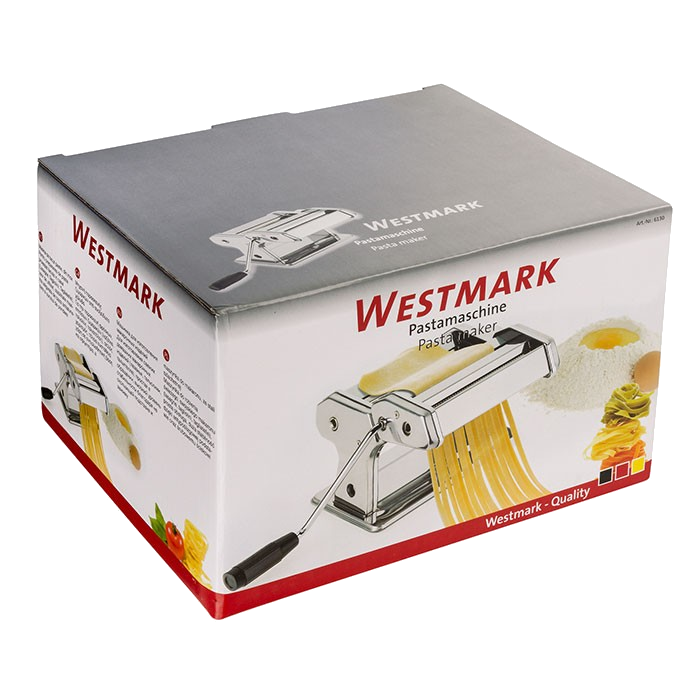 Westmark tésztakészítő doboz. A tésztakészítő látható benne. A doboz tésztát és hozzávalókat mutat.