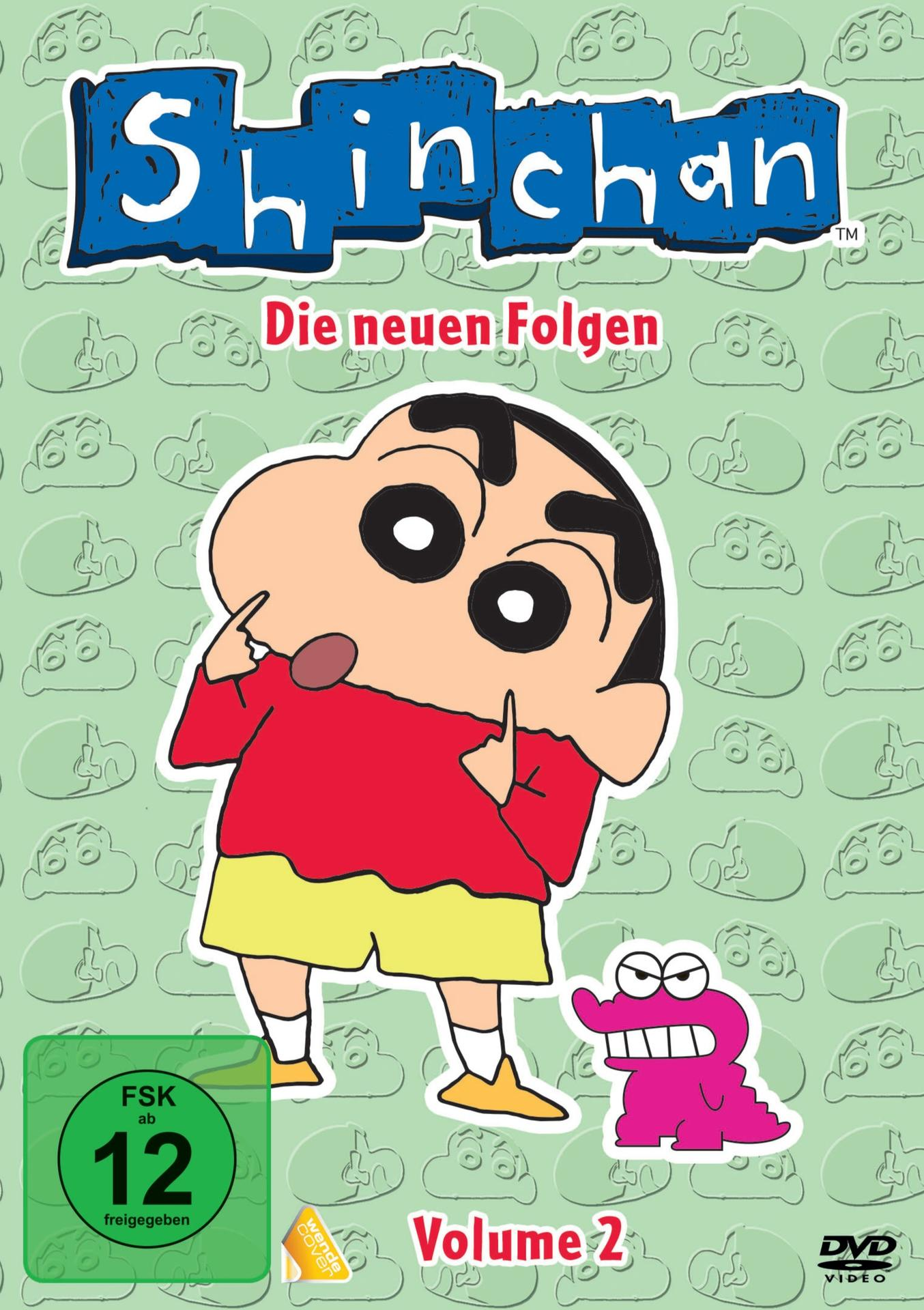 DVD-Cover mit Shinchan-Zeichentrickfigur in rotem Hemd und gelben Shorts.