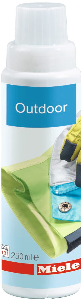 Witte Miele Outdoor wasmiddelfles met groene en gele stof. Rood en wit etiket.