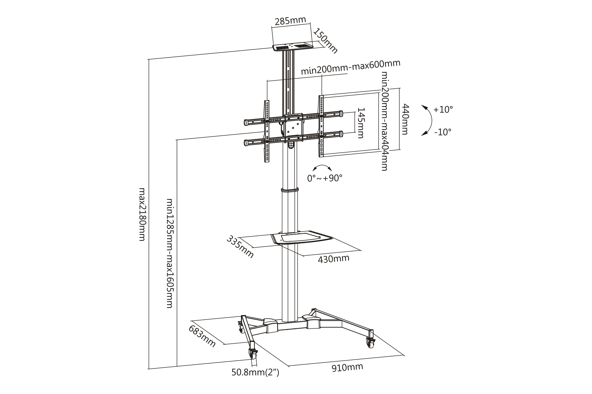 Diagramm mit Maßen eines TV-Ständers auf Rädern, mit Maßen und Beschriftungen.