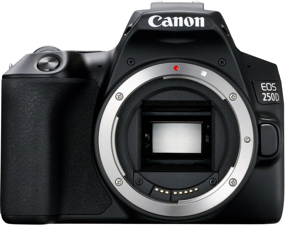 Appareil photo Canon EOS 250D noir avec monture d'objectif visible, vue de dessus.